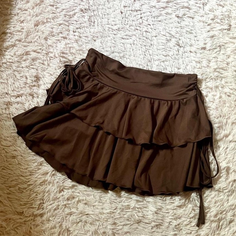 Y2K Fairy Cottage Core Brown Ruched Ruffle Mini Skirt Womens‎ M Princess Earthy